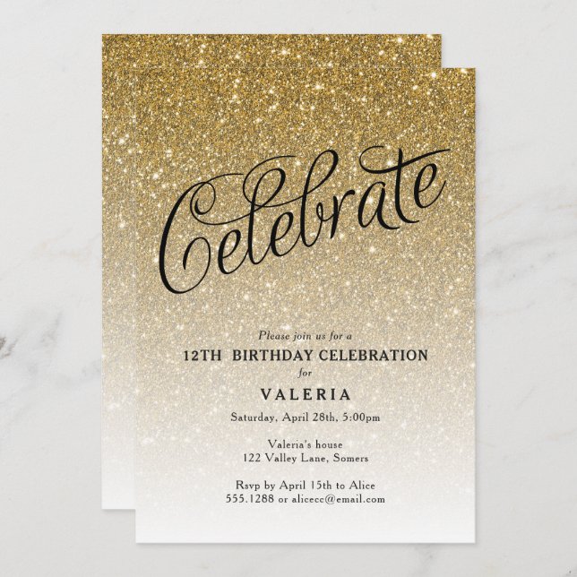 Sparkly Gold Glitter Birthday Celebrate Invitation (Front/Back)