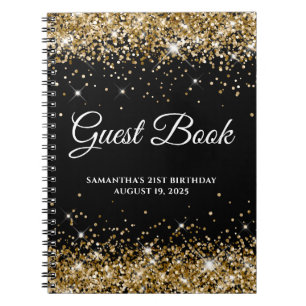 Sparkly Gold Glitter Black 21st Birthday Guestbook Notebook