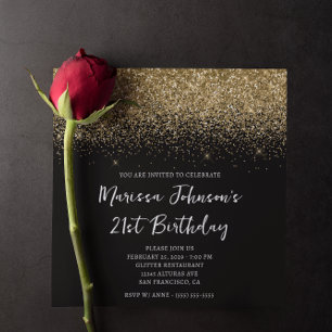 Sparkly Gold Glitter Black 21st Birthday Invitation