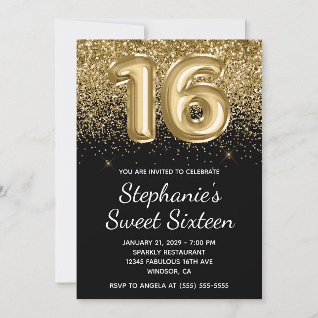 Sparkly Gold Glitter Black Balloon Sweet Sixteen Invitation (Front)