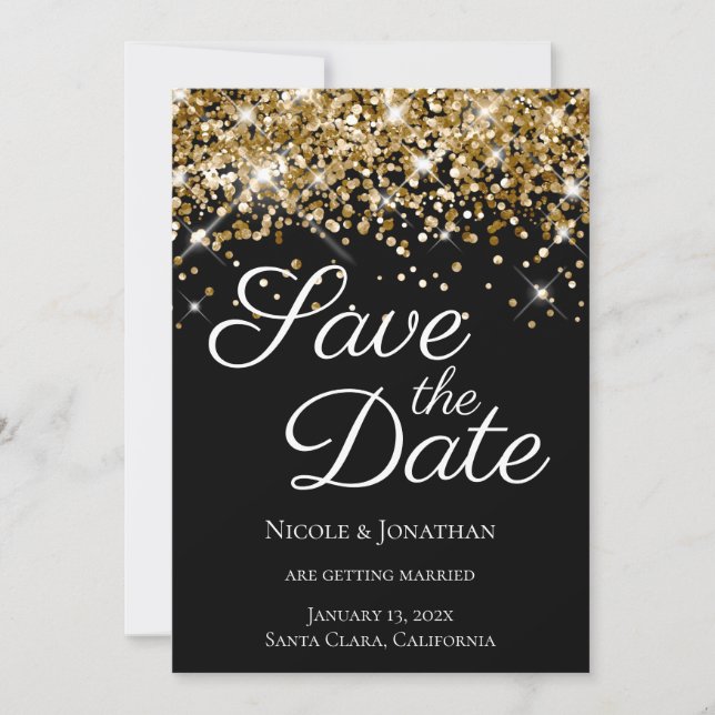 Sparkly Gold Glitter Black Elegant Calligraphy Save The Date (Front)
