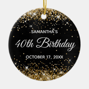 Sparkly Gold Glitter Black Foil 40th Birthday Ceramic Tree Decoration