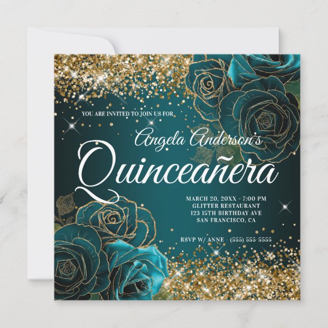 Sparkly Gold Glitter Blue Teal Rose Quinceañera Invitation (Front)