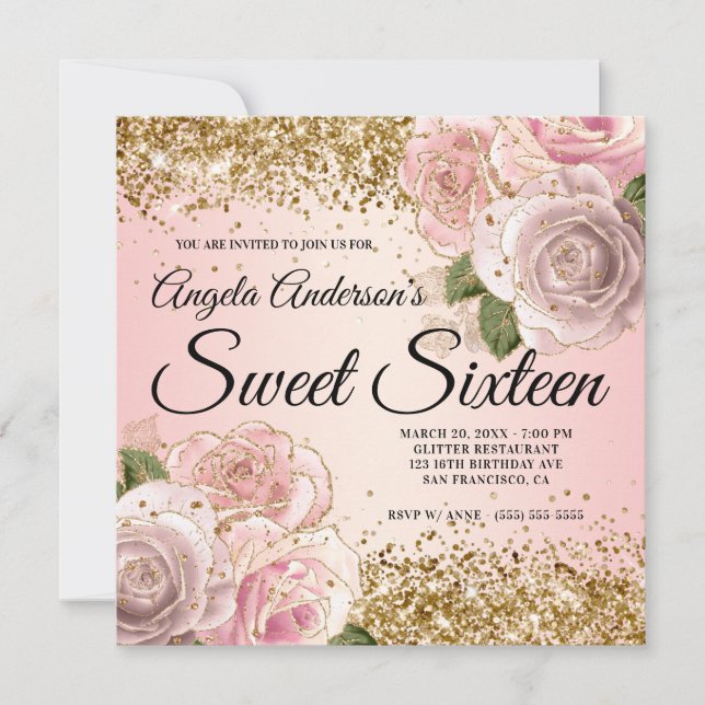 Sparkly Gold Glitter Blush Pink Rose Sweet Sixteen Invitation (Front)
