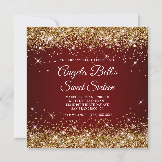 Sparkly Gold Glitter Dark Red Sweet Sixteen Invitation (Front)