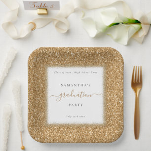 Sparkly Gold Glitter Name Graduation Party Paper Plate