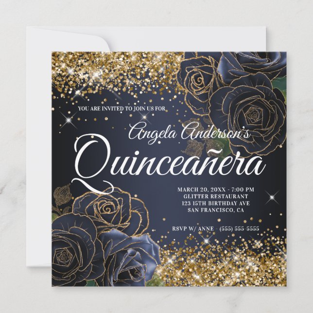 Sparkly Gold Glitter Navy Blue Rose Quinceañera Invitation (Front)
