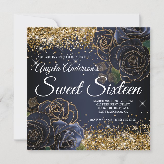 Sparkly Gold Glitter Navy Blue Rose Sweet Sixteen Invitation (Front)