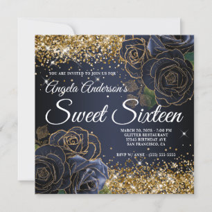 Sparkly Gold Glitter Navy Blue Rose Sweet Sixteen Invitation