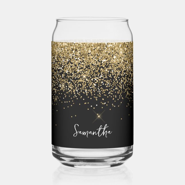 Sparkly Gold Glitter on Black Can Glass (Front)