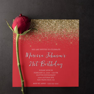 Sparkly Gold Glitter Red 21st Birthday Invitation