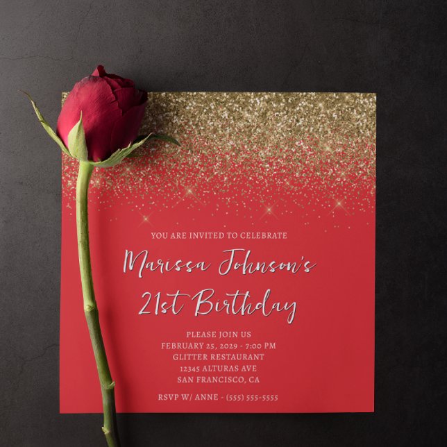 Sparkly Gold Glitter Red 21st Birthday Invitation (Sparkly Gold Glitter Red 21st Birthday Invitation)