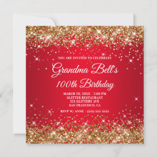 Sparkly Gold Glitter Red Ombre 100th Birthday Invitation