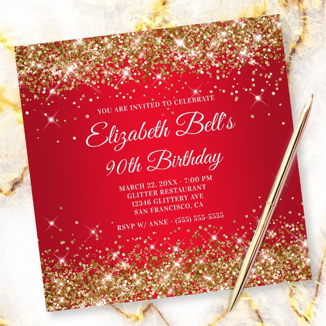 Sparkly Gold Glitter Red Ombre 90th Birthday Invitation (Creator Uploaded)