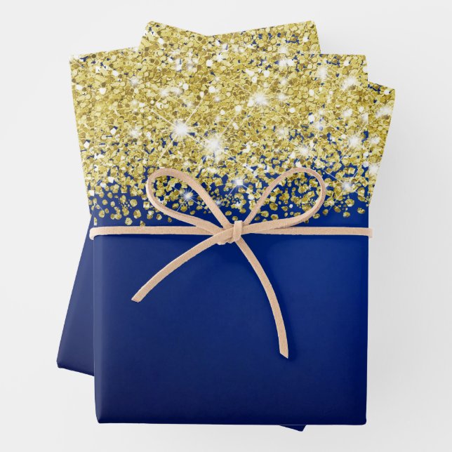 Sparkly Gold Glitter Royal Navy Blue Ombre Faux  Wrapping Paper Sheet (In situ)