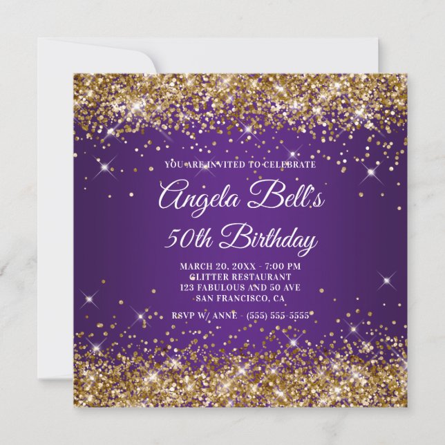 Sparkly Gold Glitter Royal Purple 50th Birthday Invitation (Front)