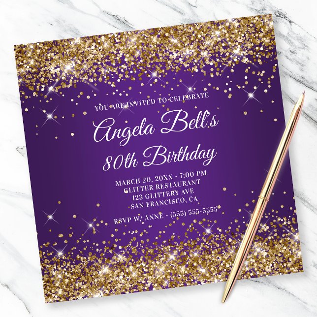 Sparkly Gold Glitter Royal Purple 80th Birthday Invitation (Creator Uploaded)