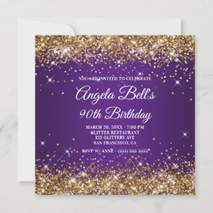 Sparkly Gold Glitter Royal Purple 90th Birthday Invitation
