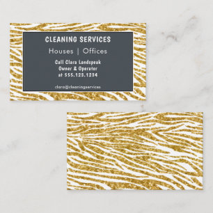 Sparkly Gold Glitter Zebra Print Cleaning Services Business Card