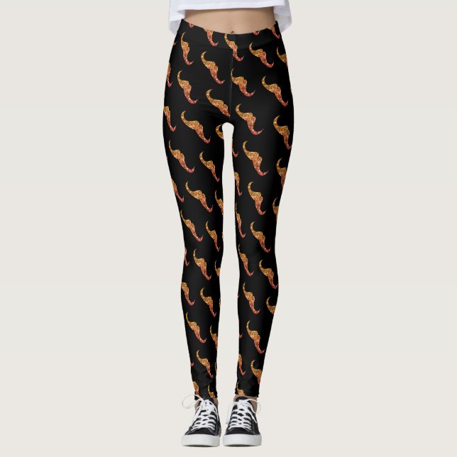 Sparkly gold orange ombre Moustache pattern black Leggings (Front)