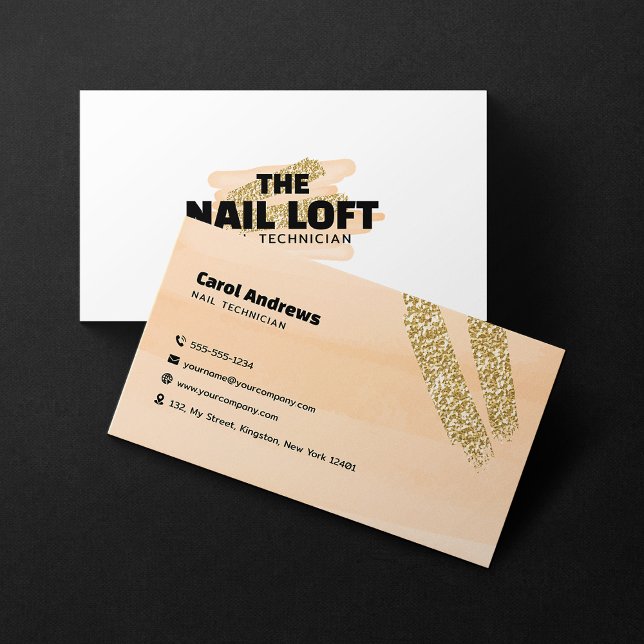 Sparkly Gold Peach Nail Manicure Nail Artist Salon Business Card (Creator Uploaded)