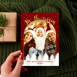 Sparkly Gold Red Tis' The Season Christmas Trees Holiday Card