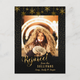 Sparkly Gold Snowflake Rejoice Photo Card