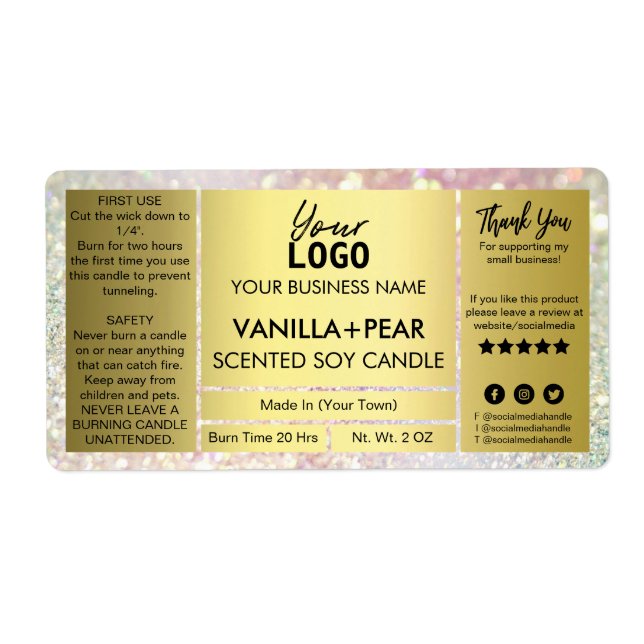 Sparkly Gold Soy Candle Labels (Front)