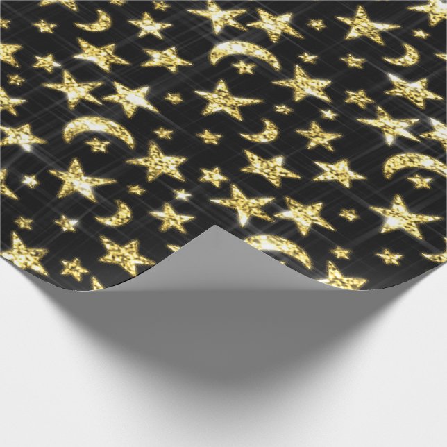 Sparkly Gold Stars Moon Black Sky Black Wrapping Paper (Corner)