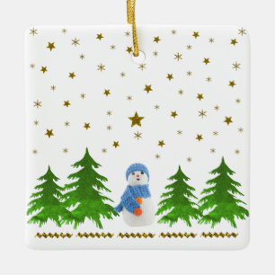 Sparkly gold stars, snowman and green tree ceramic tree decoration