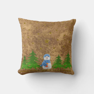 Sparkly gold stars, snowman and green tree cushion