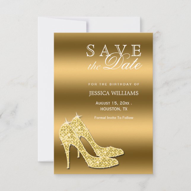 Sparkly Gold Stiletto Shoes Birthday Save The Date (Front)
