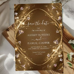 Sparkly Golden Glam Floral Save The Date Invitation<br><div class="desc">Elegant,  modern,  and delicate Mystical Sparkly Golden Glam Floral Save The Date wedding invitation that you can customise with your info to make it furthermore special. The romantic minimalist design features lovely and elegant calligraphy on a Beautiful background with a clean and simple look.</div>