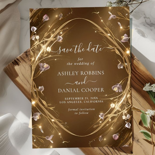 Sparkly Golden Glam Floral Save The Date Invitation (Creator Uploaded)