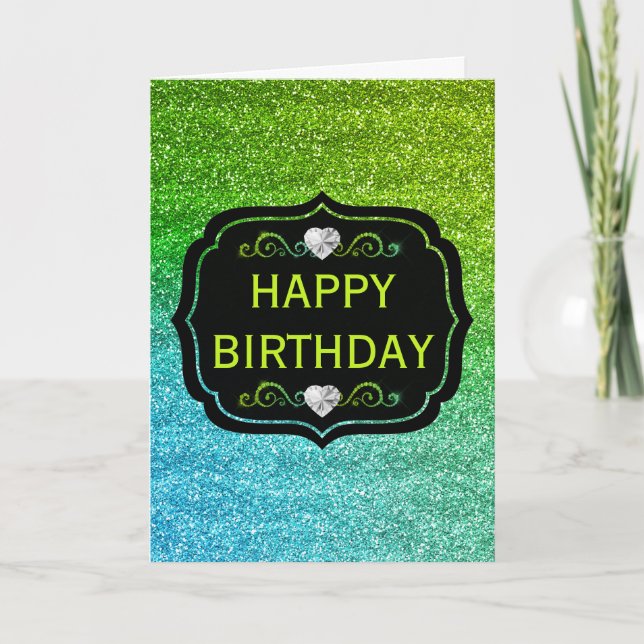 Sparkly Green & Blue Gradient Glitter Birthday Card (Front)