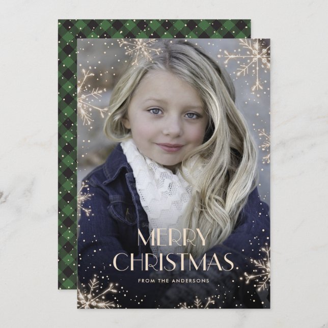 Sparkly Green Buffalo Plaid Photo Christmas Cards (Front/Back)