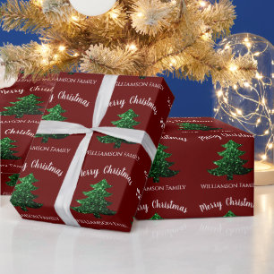 Sparkly green Christmas tree dark red Personalise Wrapping Paper