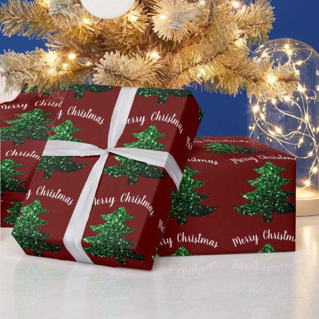  Sparkly green Christmas tree dark red Wrapping Paper (Holidays)