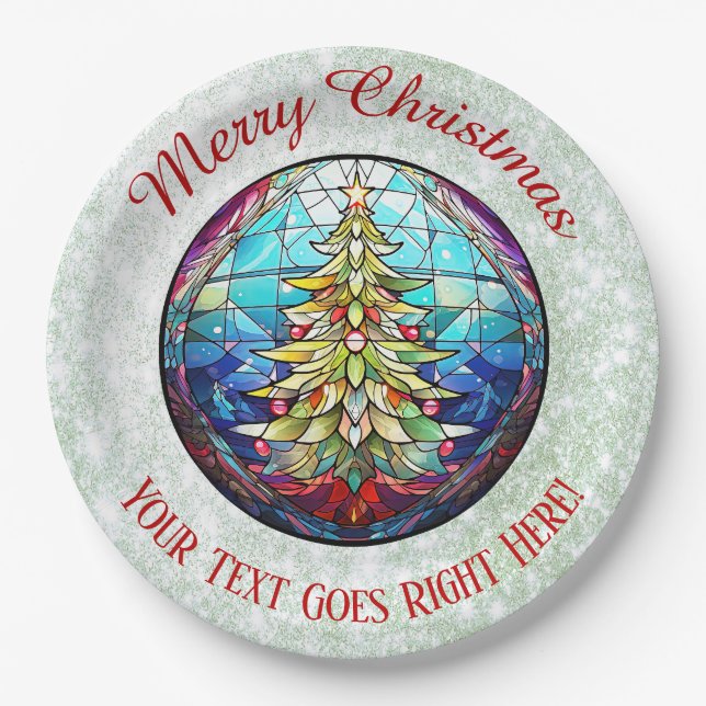 Sparkly Green Glitter Stained Glass Christmas Tree Paper Plate (Front)