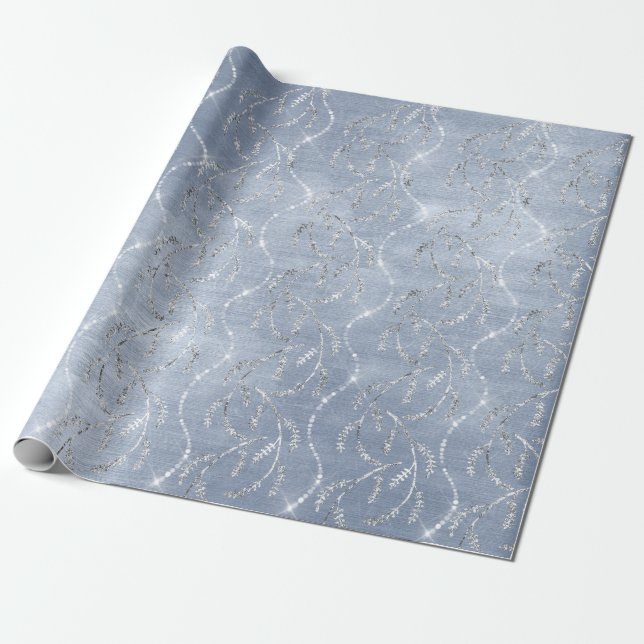 Sparkly Grey Blue Laurel Floral Silver Diamonds Wrapping Paper (Unrolled)
