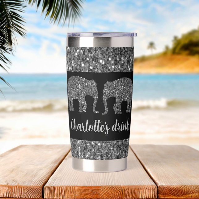 Sparkly grey silver Elephant sparkle Custom name Insulated Tumbler (Beach)