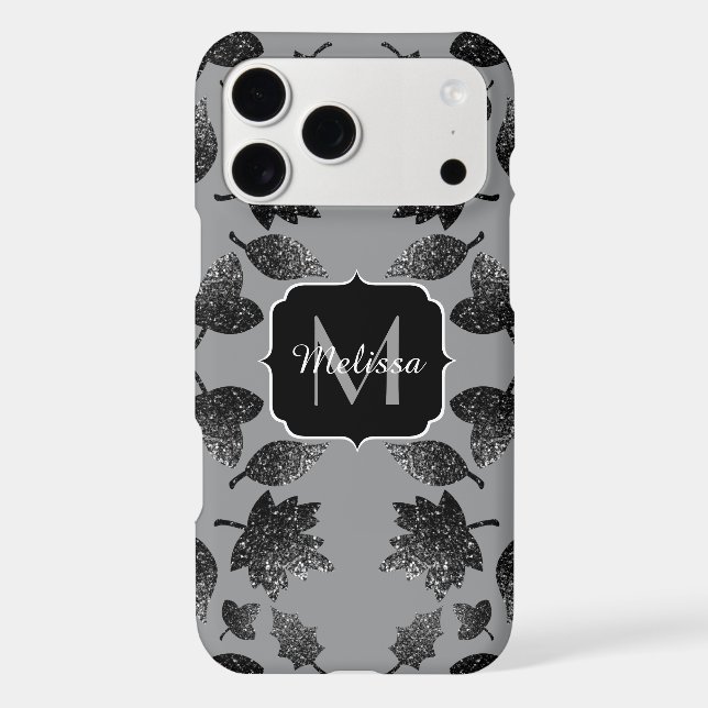 Sparkly grey silver leaves autumn pattern Monogram (Back)