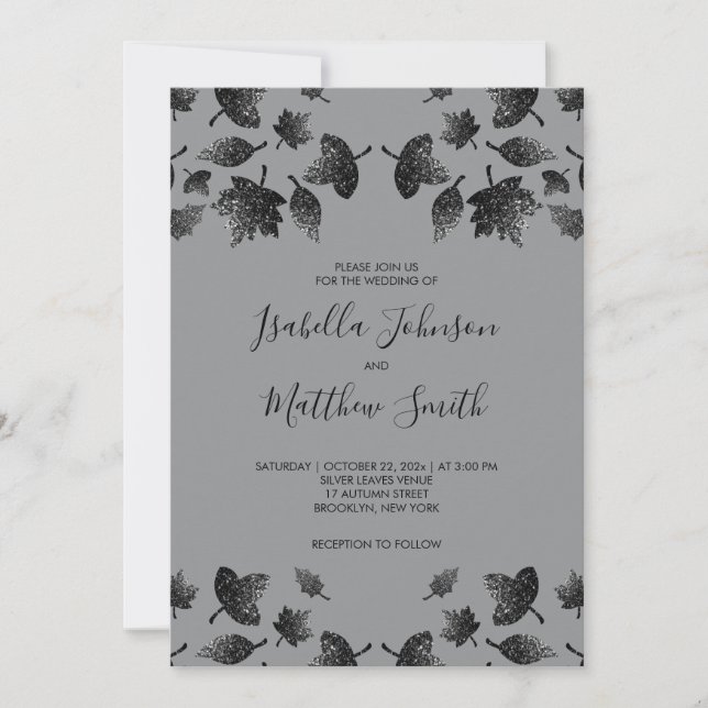 Sparkly grey silver leaves fall autumn Wedding Invitation (Front)