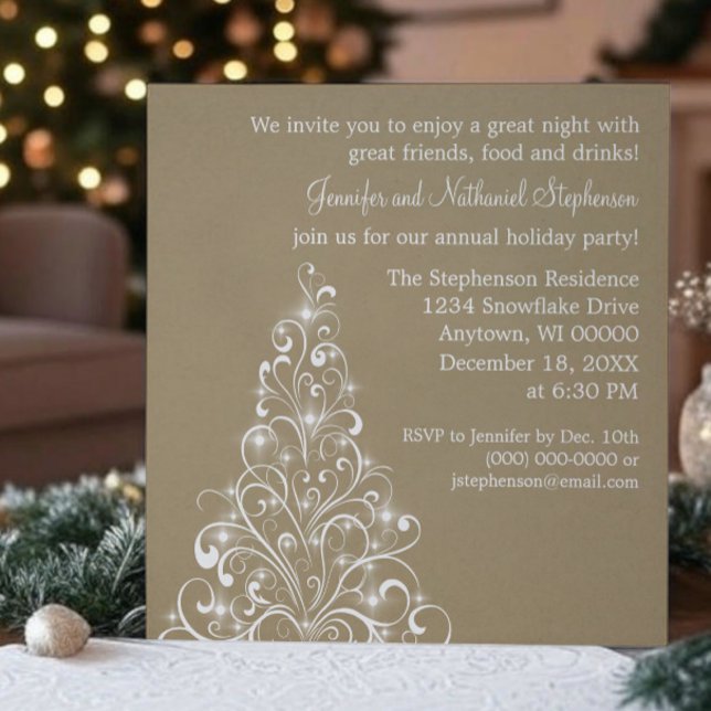 Sparkly Holiday Tree Invite, Latte Invitation (Latte Sparkly Holiday Tree Christmas Party Invitation)