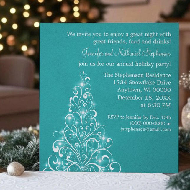 Sparkly Holiday Tree Invite, Teal Invitation (Teal Sparkly Holiday Tree Christmas Party Invitation)