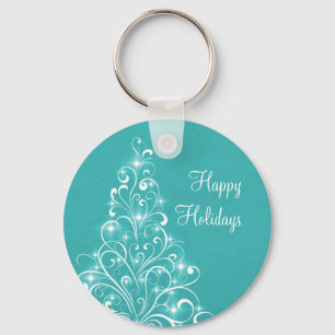 Sparkly Holiday Tree Keychain, Aqua Key Ring