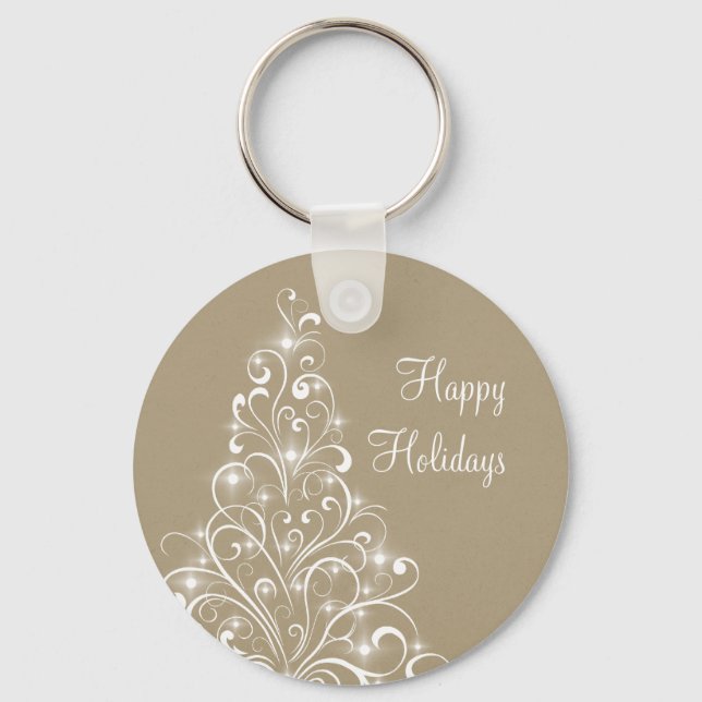Sparkly Holiday Tree Keychain, Latte Key Ring (Front)