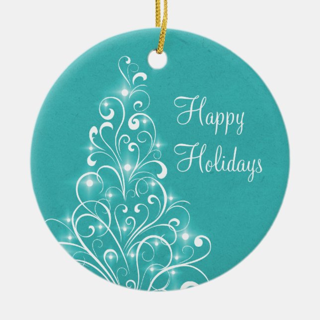 Sparkly Holiday Tree Ornament, Aqua Ceramic Tree Decoration (Front)