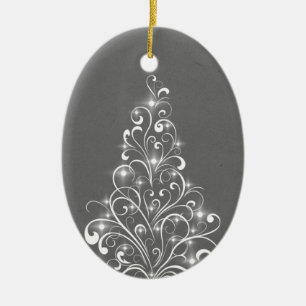 Sparkly Holiday Tree Oval Ornament, Grey Ceramic Tree Decoration