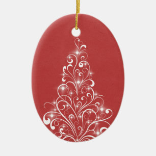 Sparkly Holiday Tree Oval Ornament, Red Ceramic Tree Decoration
